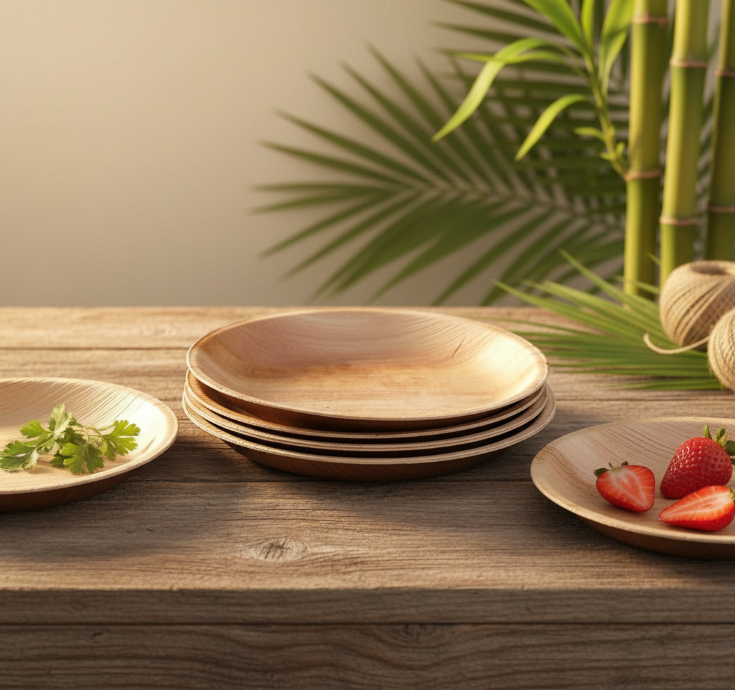 100% Natural ARECA Leaf Round plates in natural setting