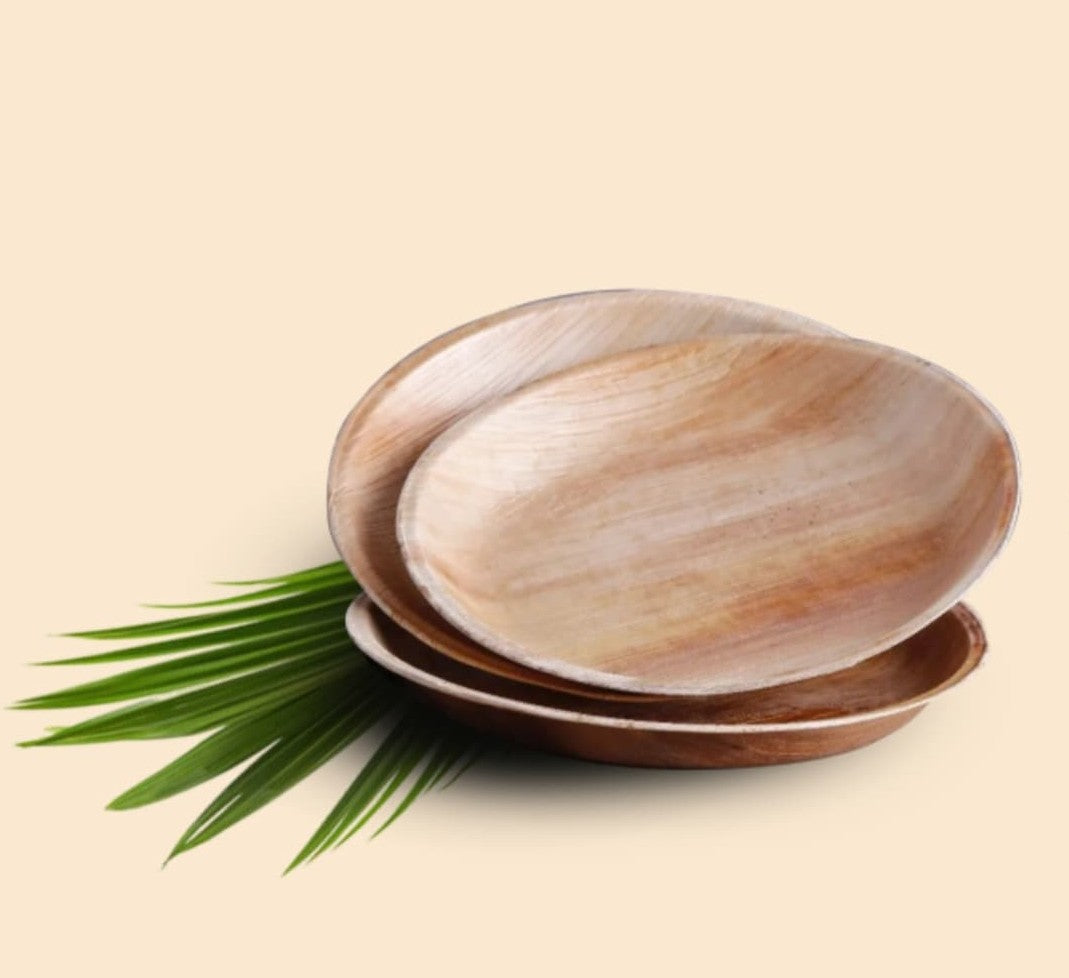 100% Natural ARECA Leaf Round plates in natural setting