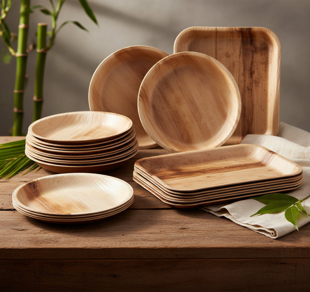 ARECA Leaf plates in multiple shapes, round, square, and rectangular