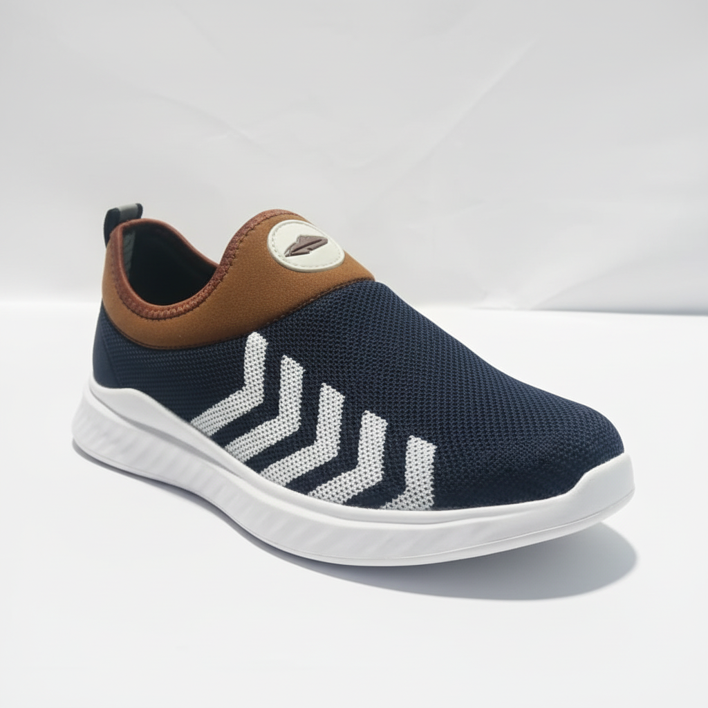 Navy blue slip-on sneaker with white mesh pattern