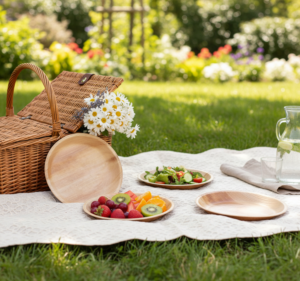 Outdoor picnic lifestyle shot with ARECA plates