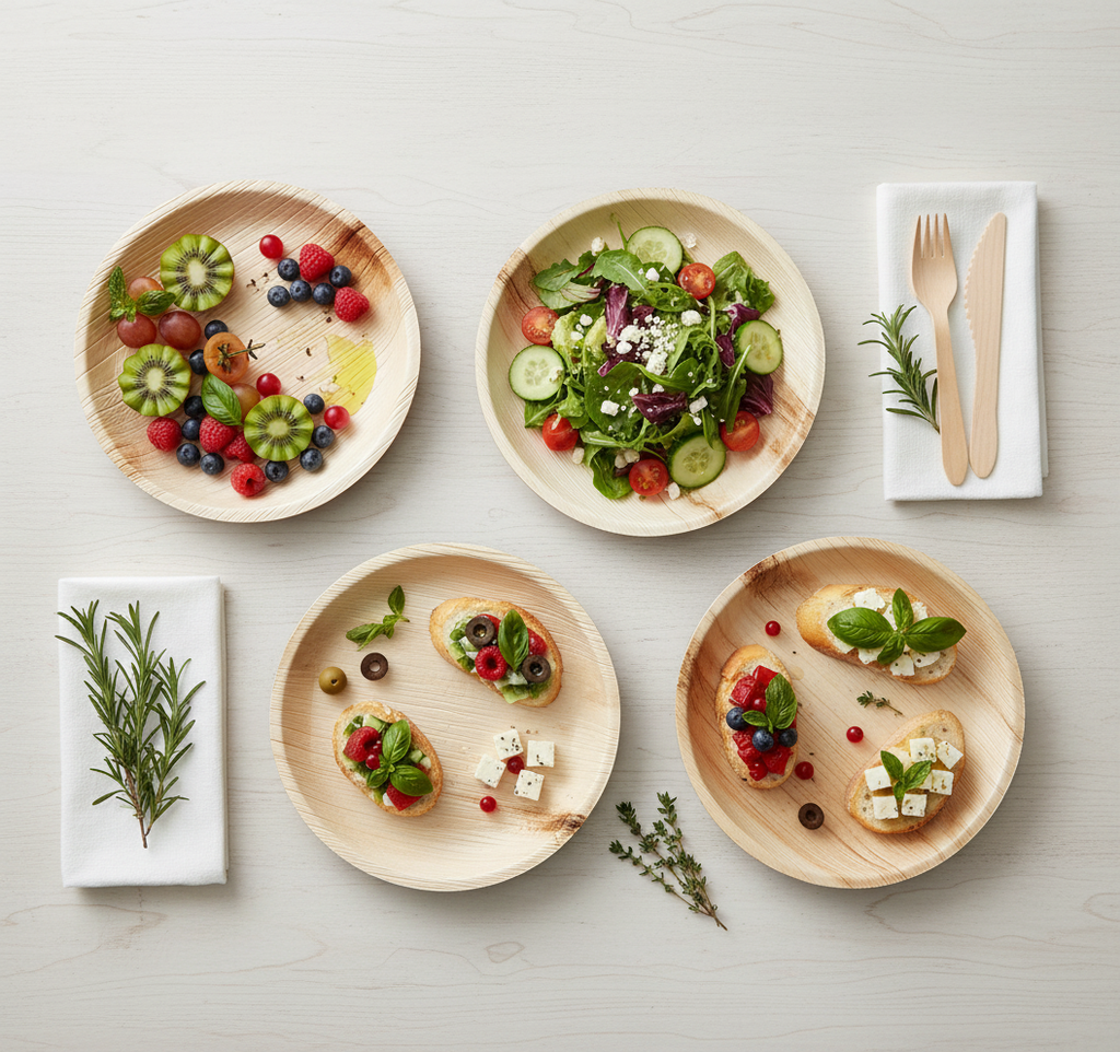 Overhead dining flat-lay with ARECA plates