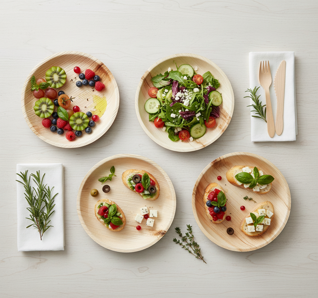 Overhead dining flat-lay with ARECA plates