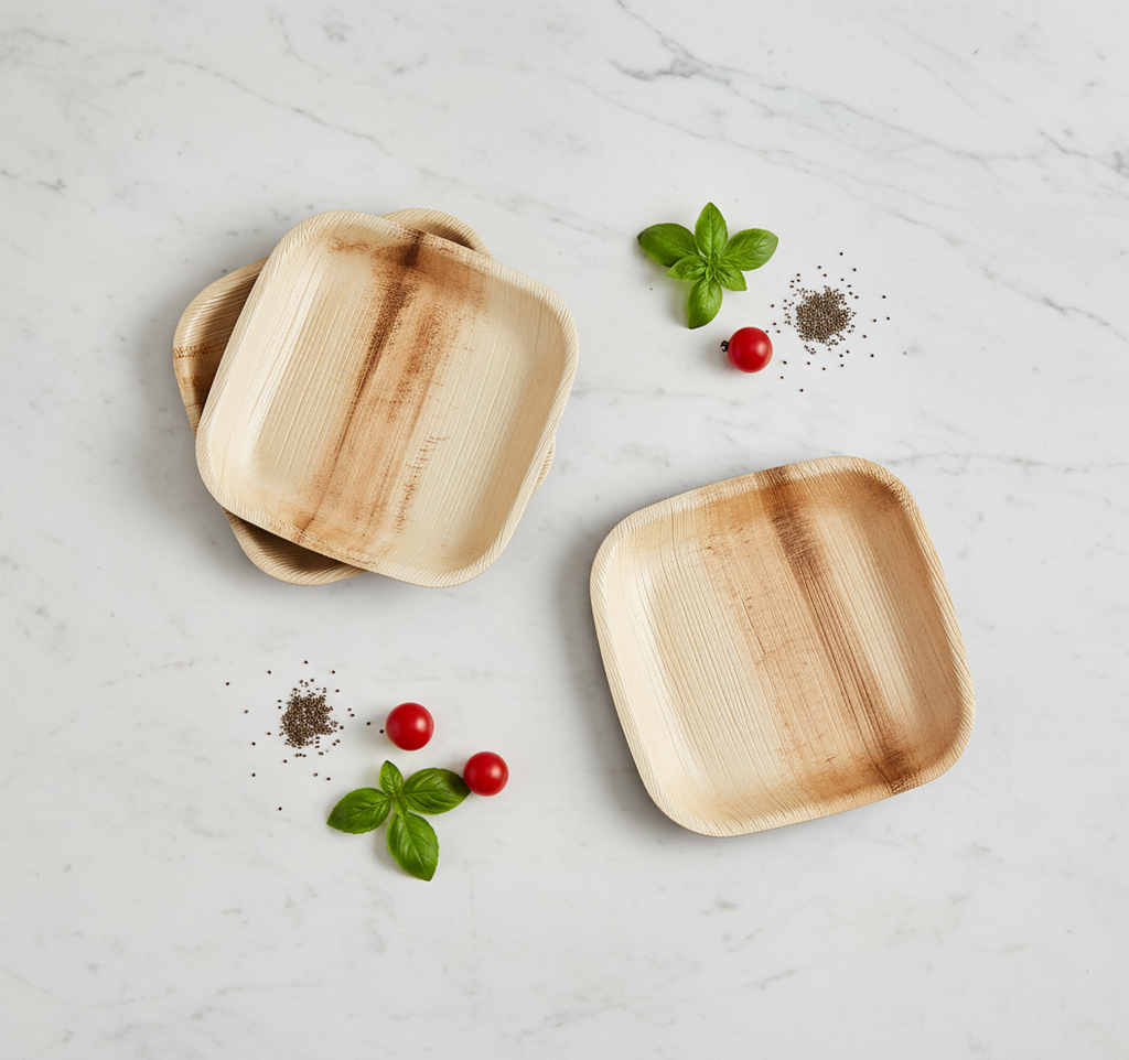 Square ARECA Leaf plates overhead view