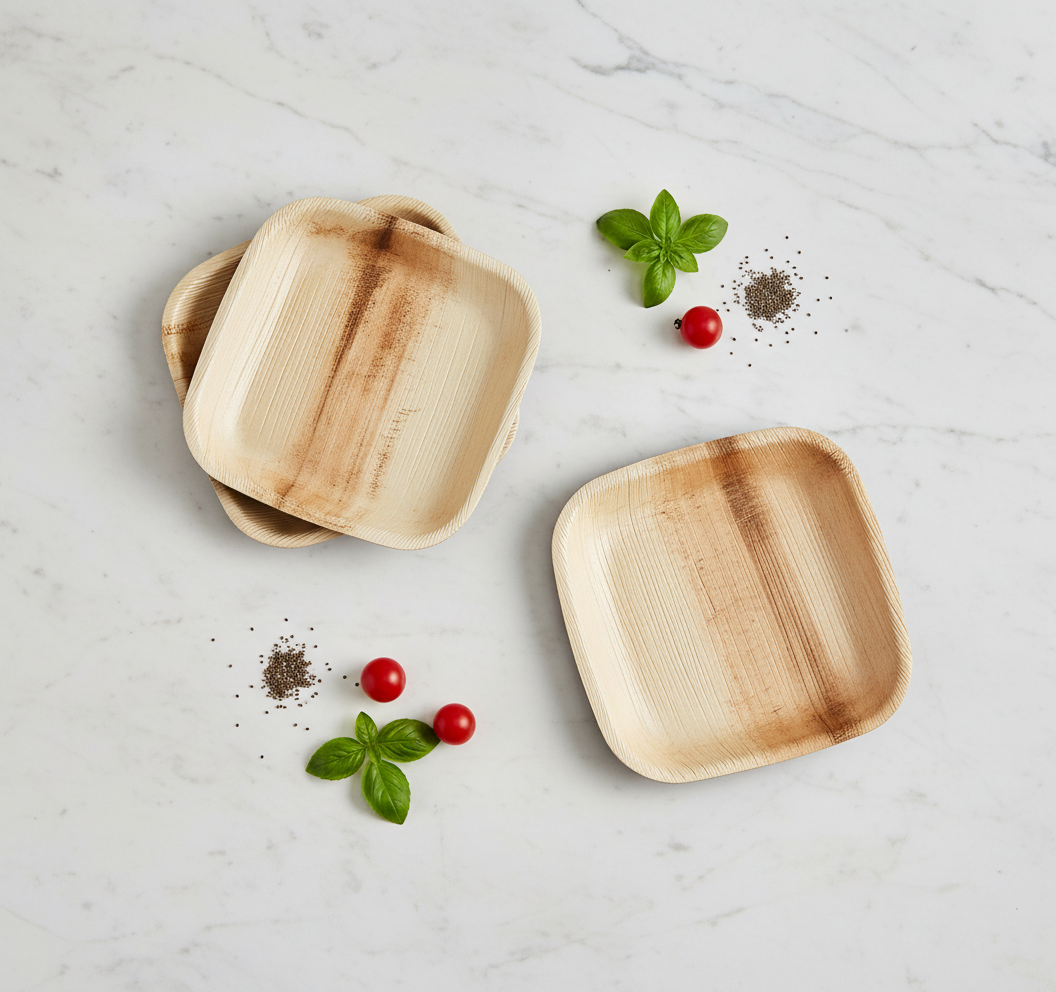 Square ARECA Leaf plates overhead view